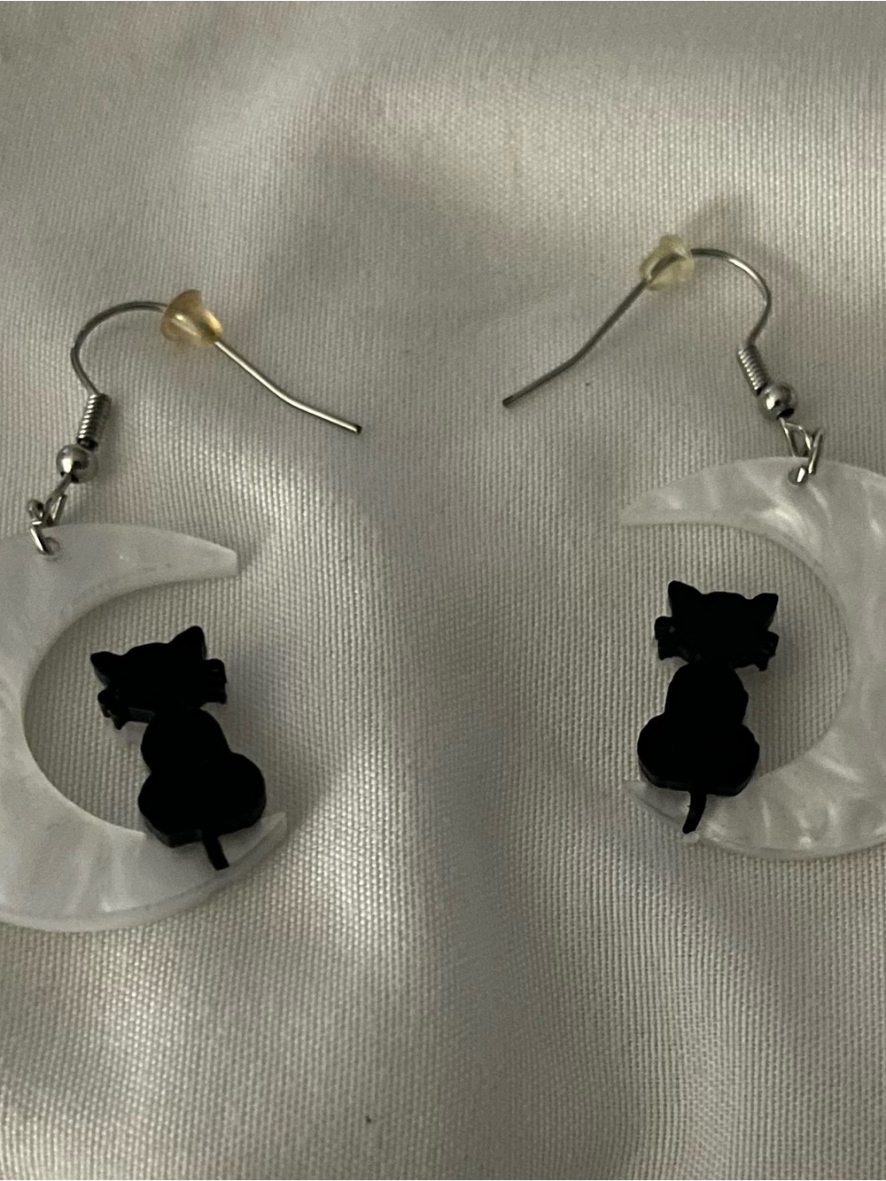 Unbranded White Crescent Earrings with Black Cat Silhouettes